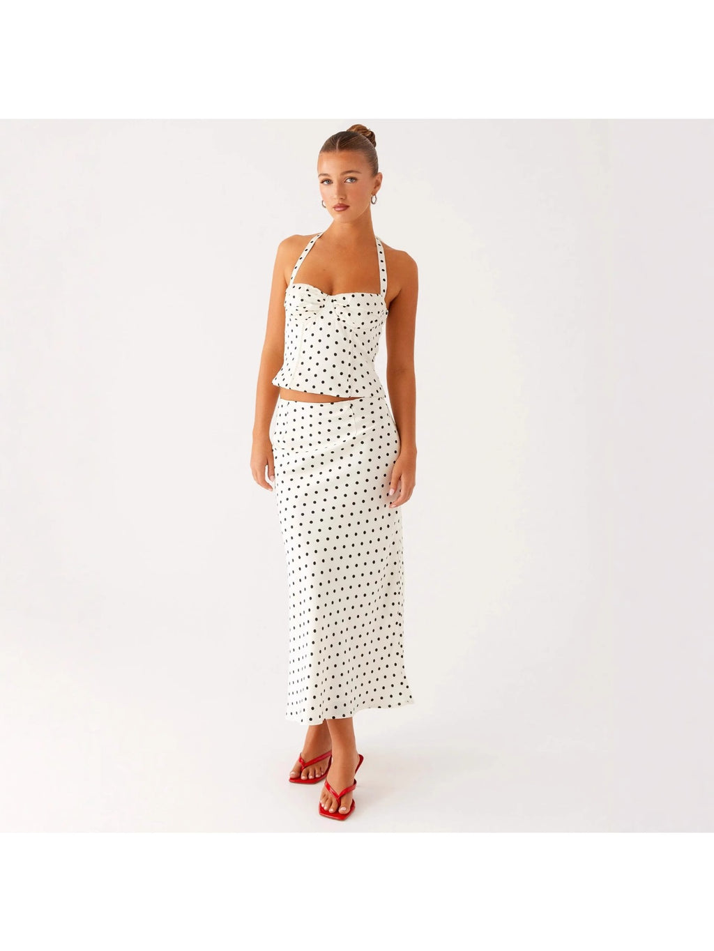 Women's Polka Dot Sexy Backless V-Neck Halter Cami Top & High Waist Flowy Long Skirt 2pcs Set, Elegant, Slim Fit, Figure Flattering, Perfect for Daily, Dating, Vacation, Streetwear.