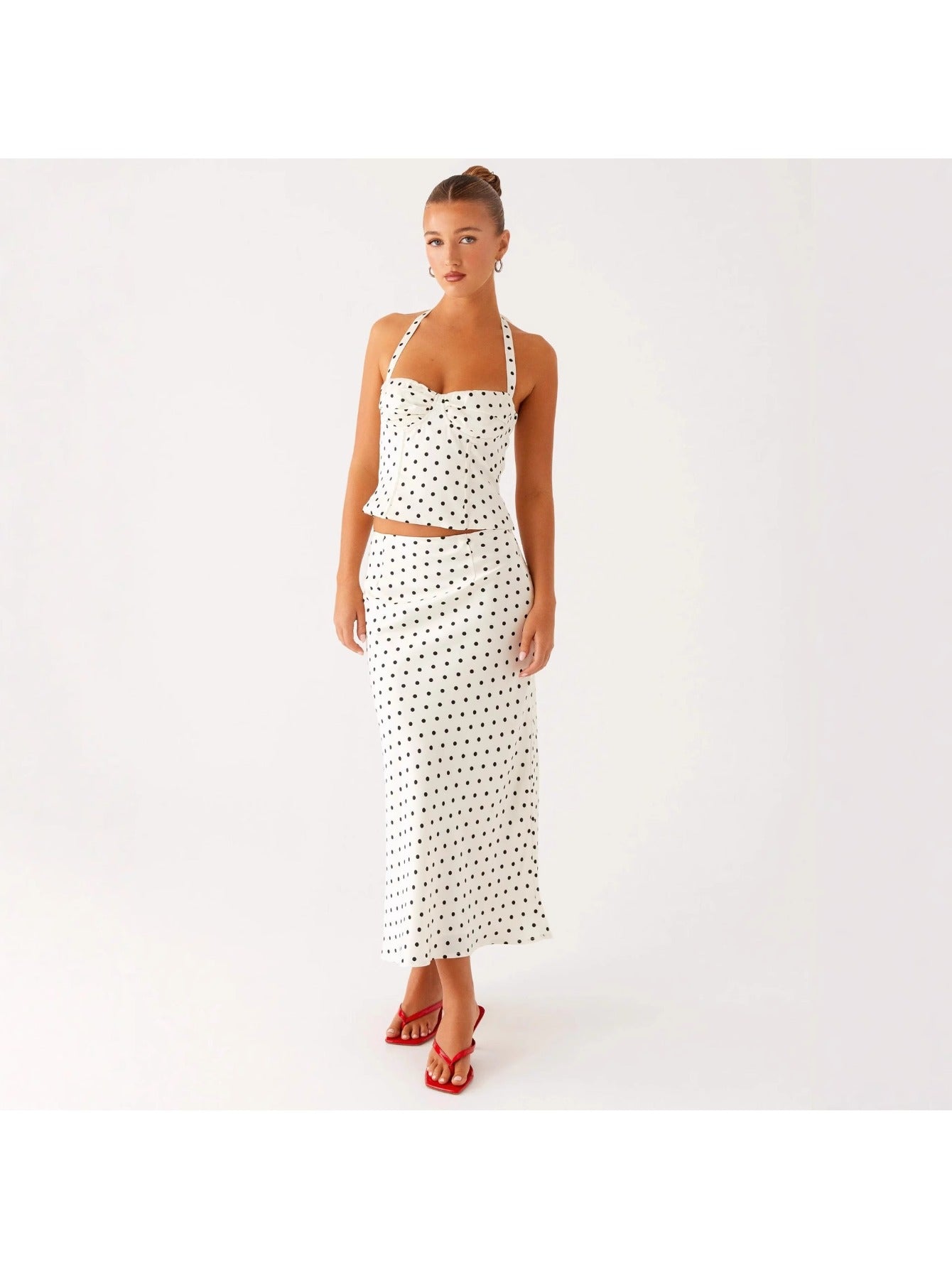 Women's Polka Dot Sexy Backless V-Neck Halter Cami Top & High Waist Flowy Long Skirt 2pcs Set, Elegant, Slim Fit, Figure Flattering, Perfect for Daily, Dating, Vacation, Streetwear.