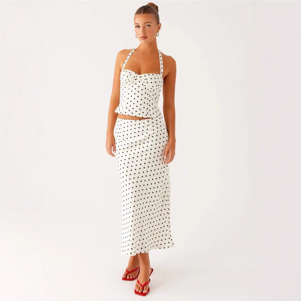 Women's Polka Dot Sexy Backless V-Neck Halter Cami Top & High Waist Flowy Long Skirt 2pcs Set, Elegant, Slim Fit, Figure Flattering, Perfect for Daily, Dating, Vacation, Streetwear.