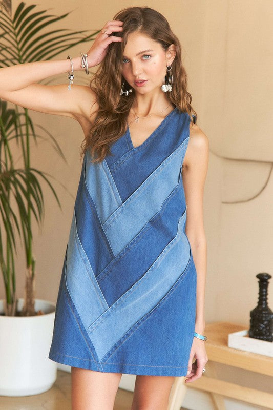 ADORA Chevron Color Block V-Neck Denim Dress