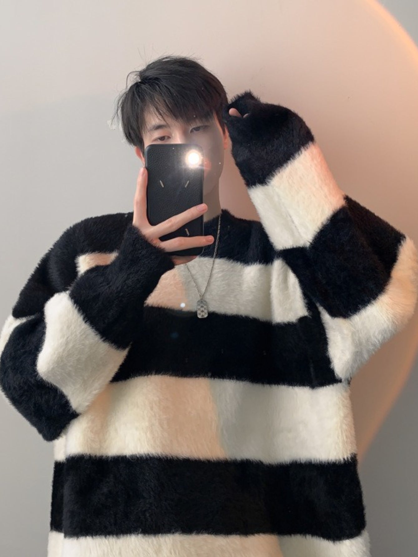 Teen Youth Men Faux Angora Wool Sweater Black White Wide Stripe Oversized Lazy Knit Top Soft Plush Texture Streetwear Shirt for Silver Layering And Cafe Style