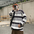 Men's Black-White Striped Knit Sweater, Soft Texture + Contrast Stripe Pattern + Oversized Fit, Streetwear Niche Trendy Brand Lazy Style Couple's Crew Neck Top