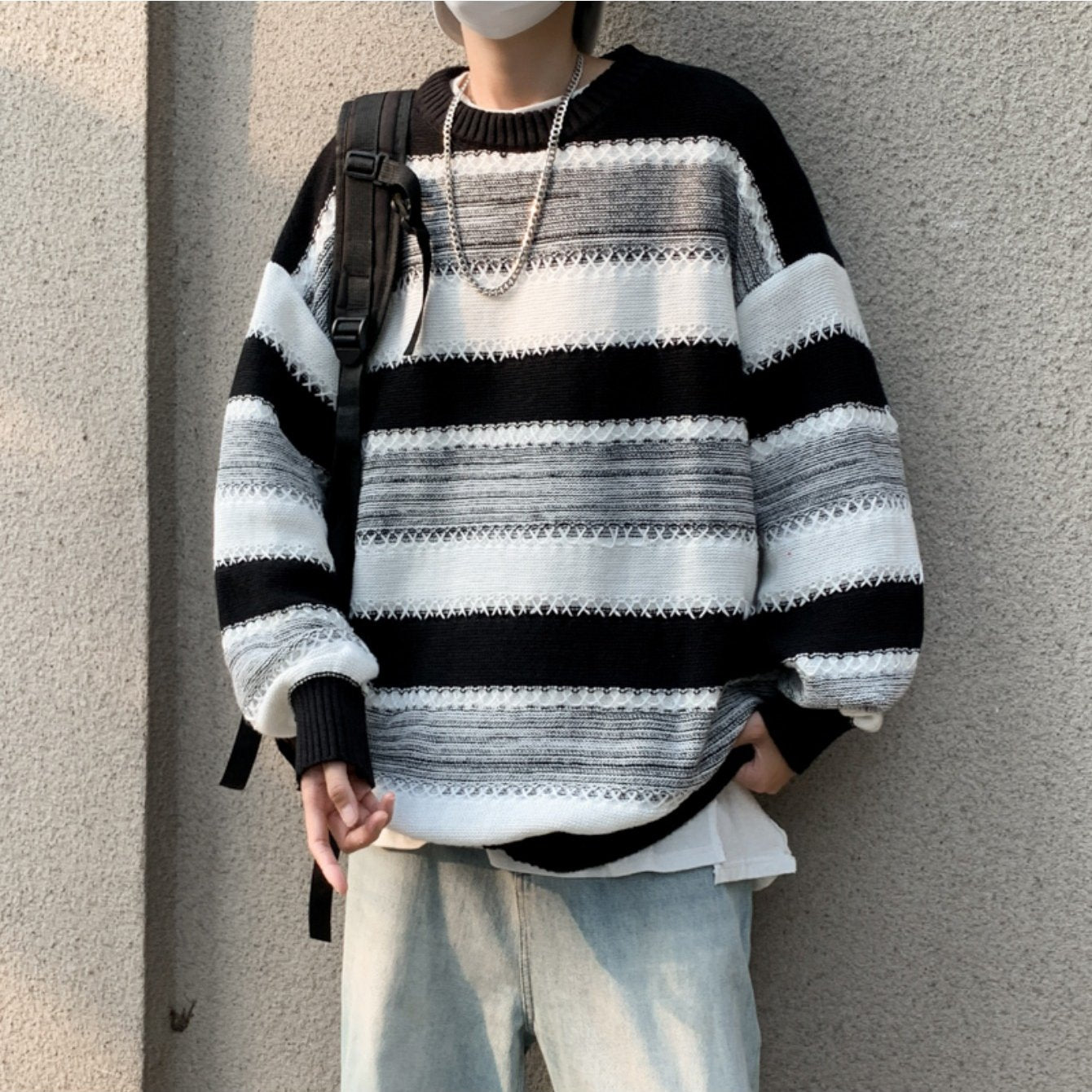 Men's Black-White Striped Knit Sweater, Soft Texture + Contrast Stripe Pattern + Oversized Fit, Streetwear Niche Trendy Brand Lazy Style Couple's Crew Neck Top