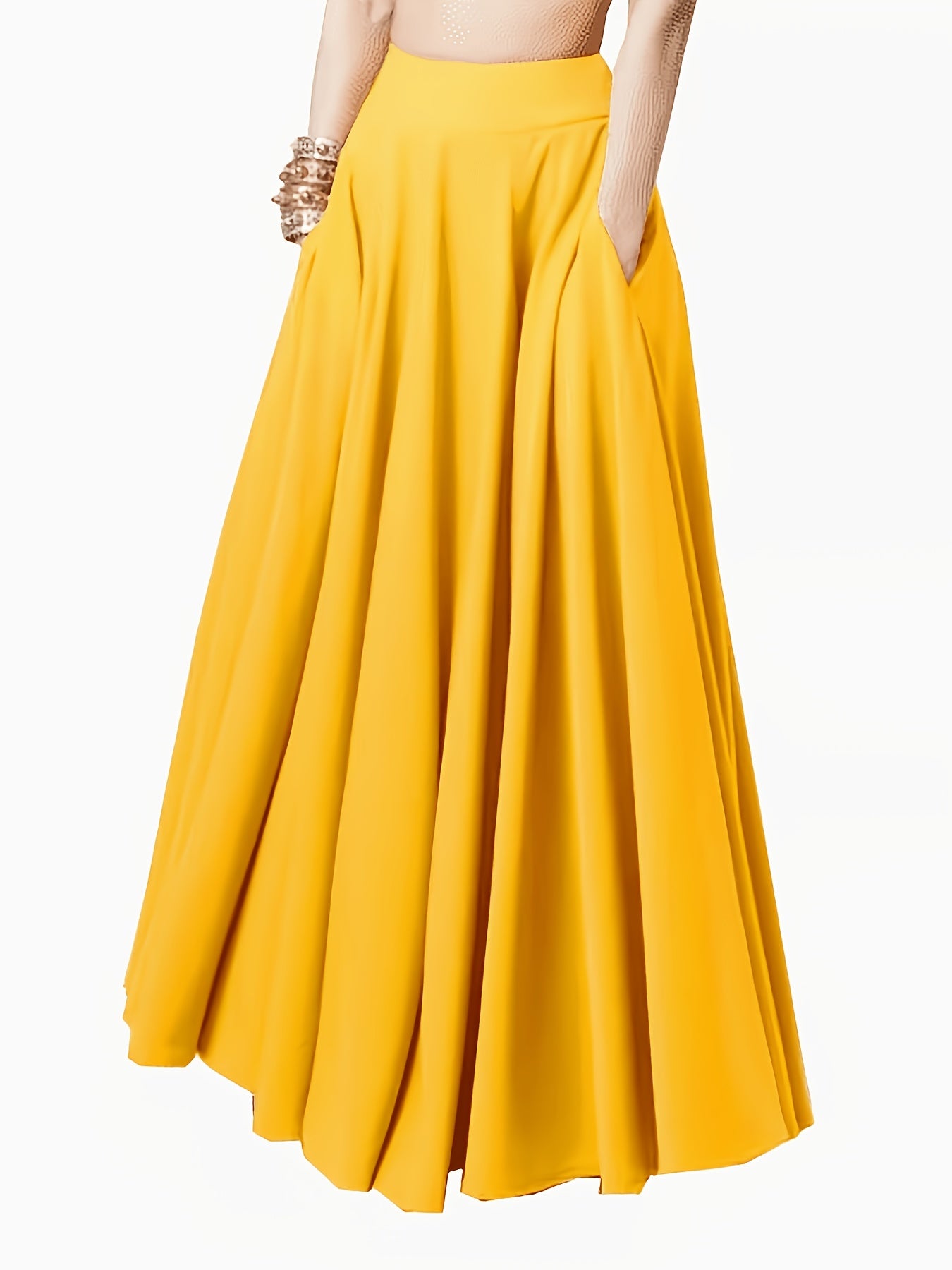 Women's Elegant Midi Skirt with Elastic Waist & - Solid Color Pleated Skirts Suitable for Seasons, Casual to Dressy Wear