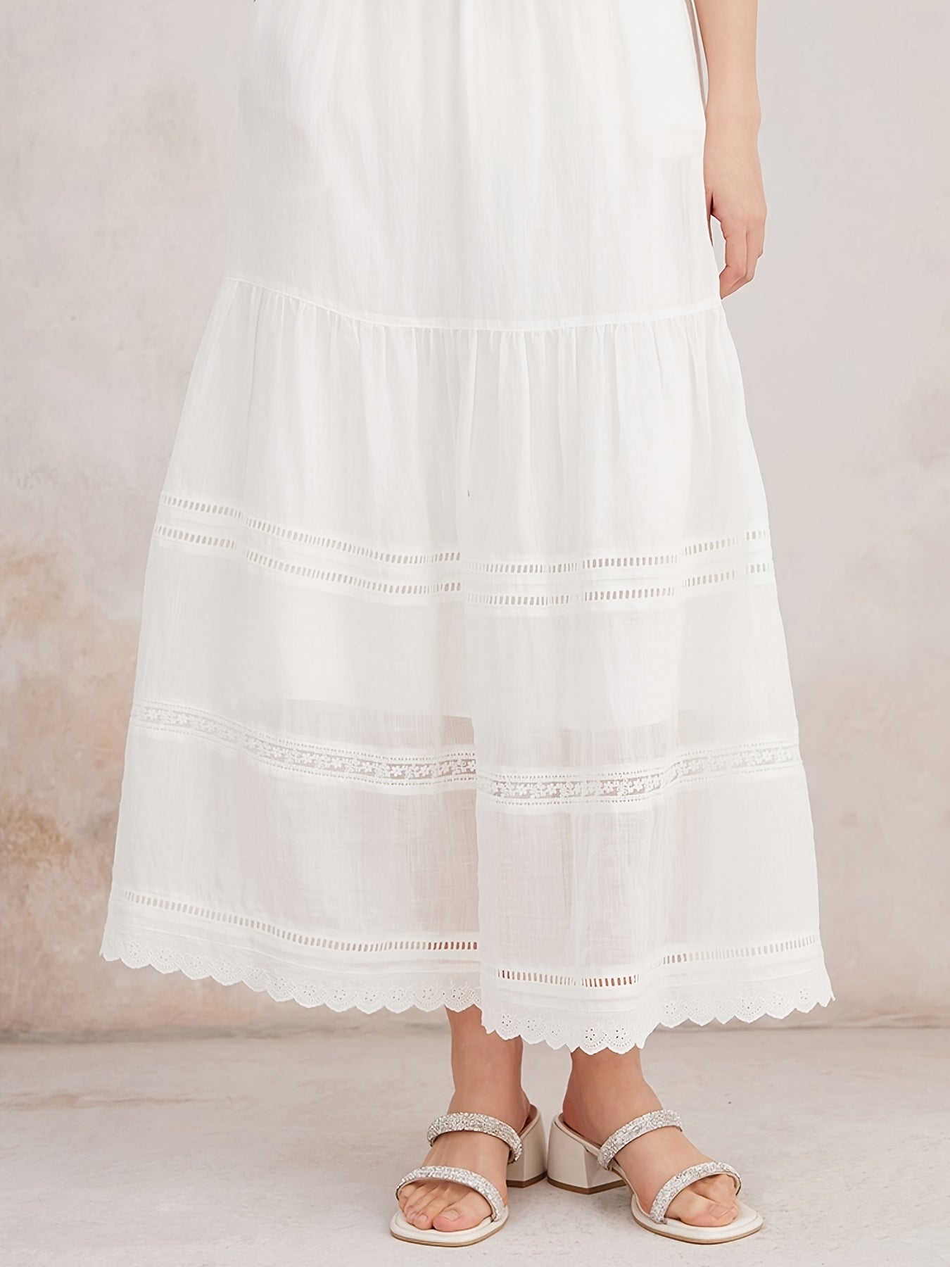 K3093W 100% Ramie Layered Maxi Skirt Featuring Lace Trim, Bohemian Vintage Elegant Flowing Women'S Summer Skirt, Lightweight And Breathable Style Skirt