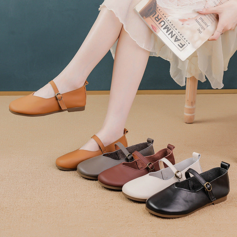 2026 New Style Women's Genuine Cowhide Cover Casual Shoes, Vintage Mary Jane Cover Shoes, Suitable for Matching with Skirts, One-Strap Flat Shoes for Women, Women Shoes