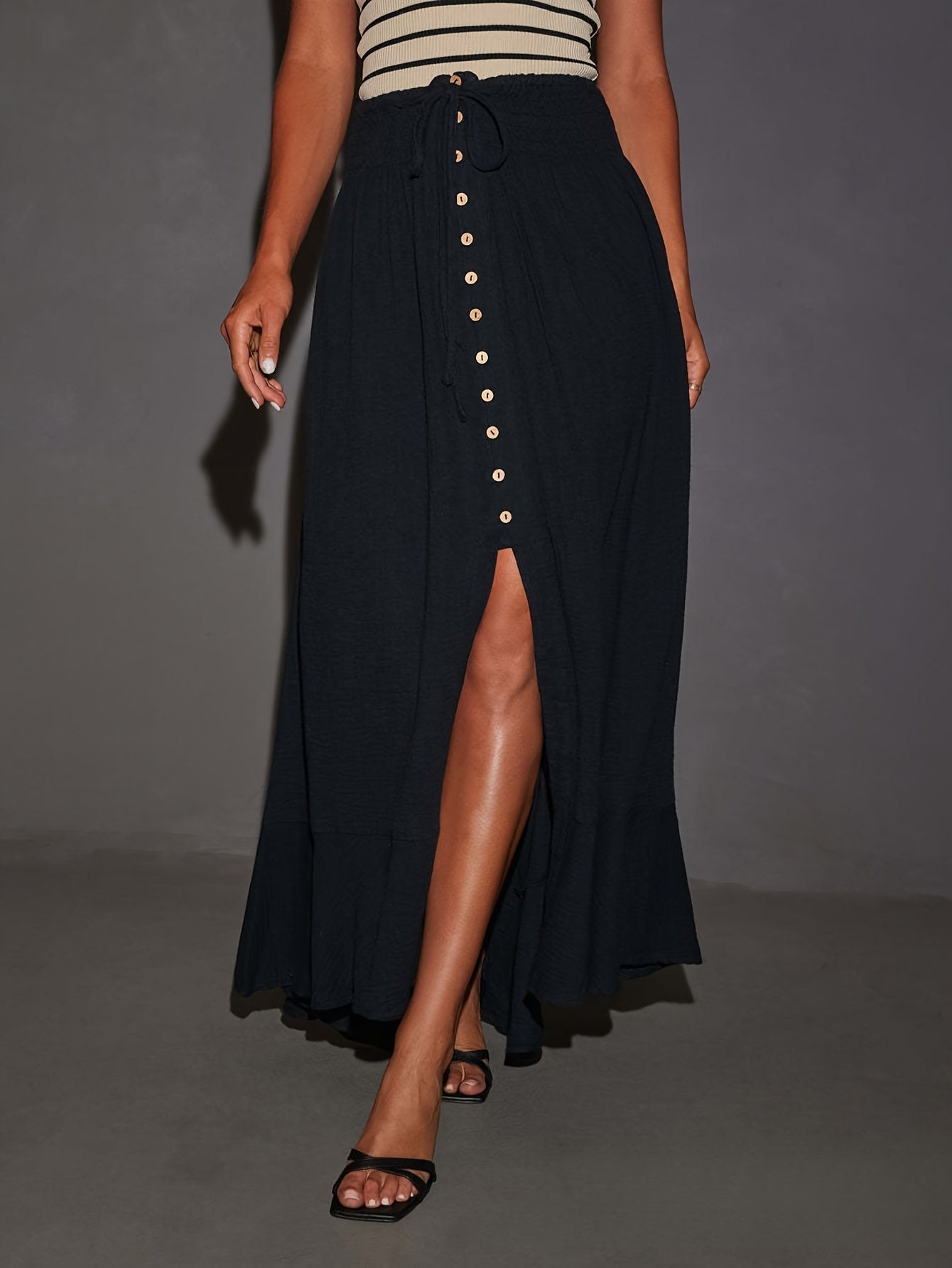 Ladies' Long Skirt Featuring an Elastic Lace-Up Waist, Perfect for Casual Wear Or Dancing. This Flowing Midi Skirt Comes in a Solid Color with a Tie Waist Design, Ideal for Women'S Fashion
