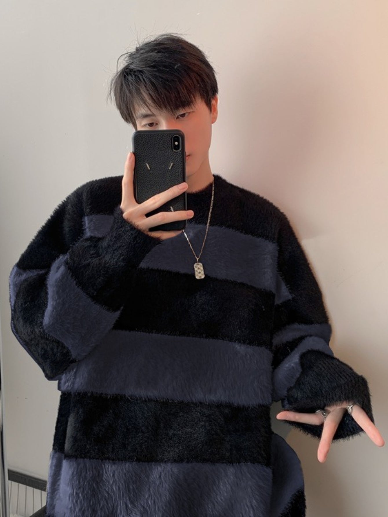 Teen Youth Men Faux Angora Wool Sweater Black White Wide Stripe Oversized Lazy Knit Top Soft Plush Texture Streetwear Shirt for Silver Layering And Cafe Style