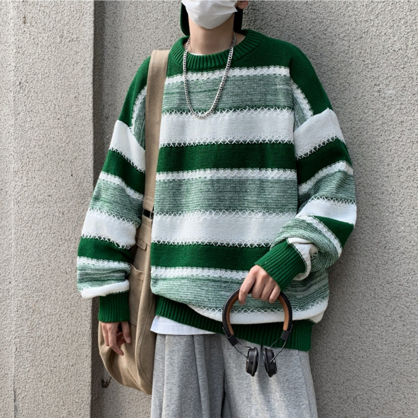 Men's Black-White Striped Knit Sweater, Soft Texture + Contrast Stripe Pattern + Oversized Fit, Streetwear Niche Trendy Brand Lazy Style Couple's Crew Neck Top