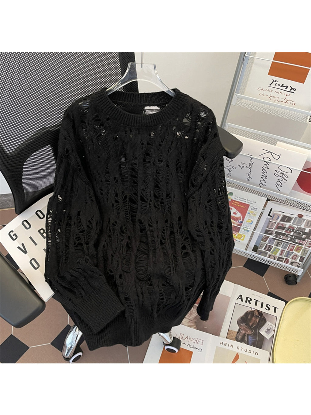 New Men's Wool Knitwear, Pure White Base + Hollow Out Ripped Distressed Design + Oversized Fit, Korean Lazy Style Statement Sweater Coat