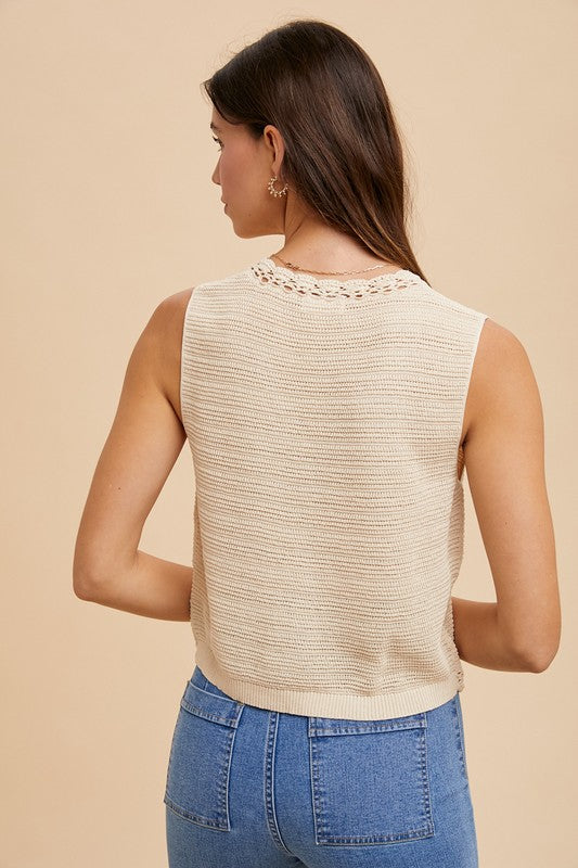 Annie Wear Crochet Trim Button Down Sweater Vest