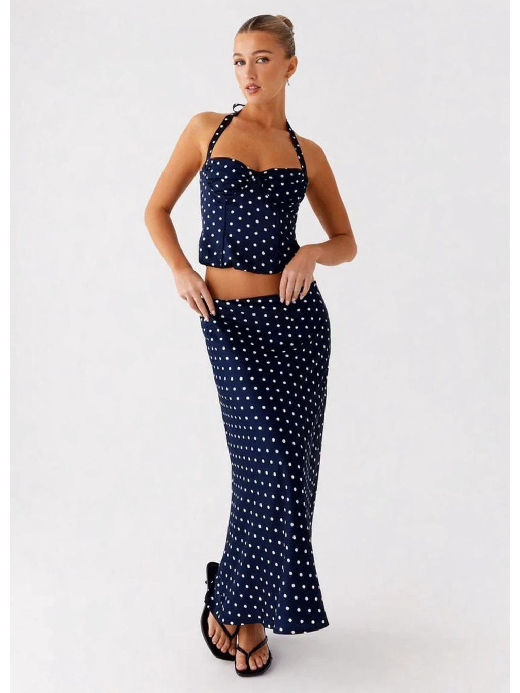 Women's Polka Dot Sexy Backless V-Neck Halter Cami Top & High Waist Flowy Long Skirt 2pcs Set, Elegant, Slim Fit, Figure Flattering, Perfect for Daily, Dating, Vacation, Streetwear.