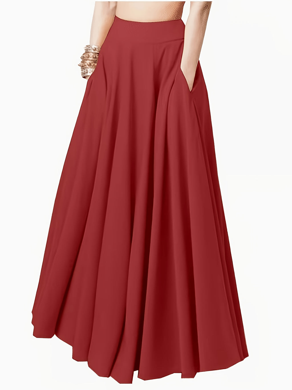 Women's Elegant Midi Skirt with Elastic Waist & - Solid Color Pleated Skirts Suitable for Seasons, Casual to Dressy Wear