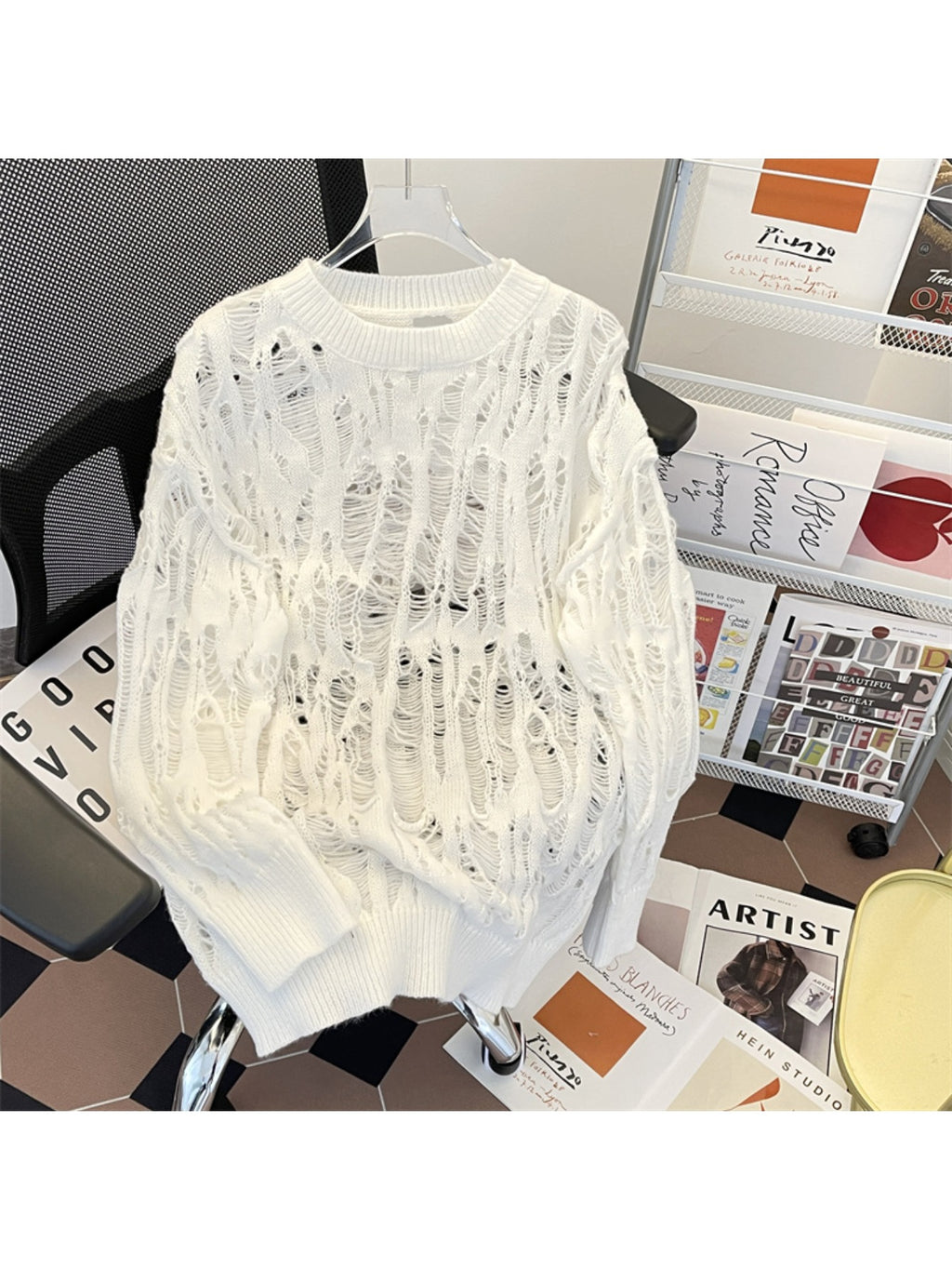 New Men's Wool Knitwear, Pure White Base + Hollow Out Ripped Distressed Design + Oversized Fit, Korean Lazy Style Statement Sweater Coat