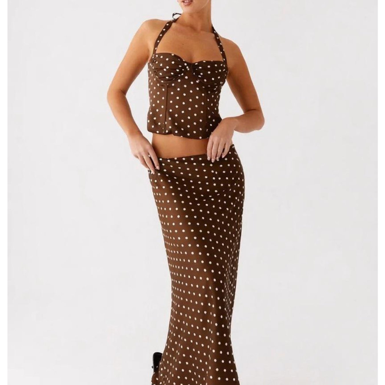 Women's Polka Dot Sexy Backless V-Neck Halter Cami Top & High Waist Flowy Long Skirt 2pcs Set, Elegant, Slim Fit, Figure Flattering, Perfect for Daily, Dating, Vacation, Streetwear.