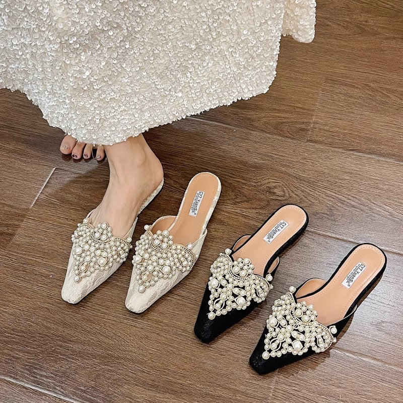 Women' Chinese Style Wedding Mules with & Rhinestone Lace Slippers - Hook-and-Loop Closure Flat Sole Open-Toe Suitable for Outdoor Wear, Spring\u002FSummer Bridal Footwear, & Sole, Women Shoes