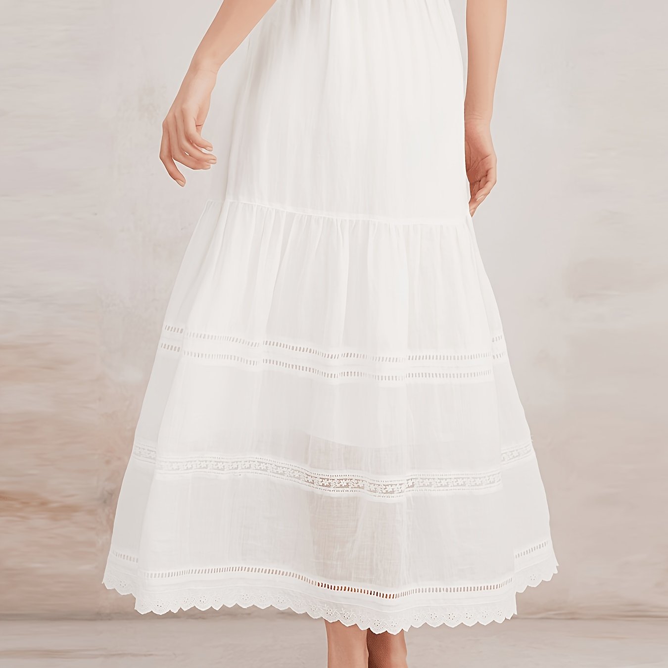K3093W 100% Ramie Layered Maxi Skirt Featuring Lace Trim, Bohemian Vintage Elegant Flowing Women'S Summer Skirt, Lightweight And Breathable Style Skirt