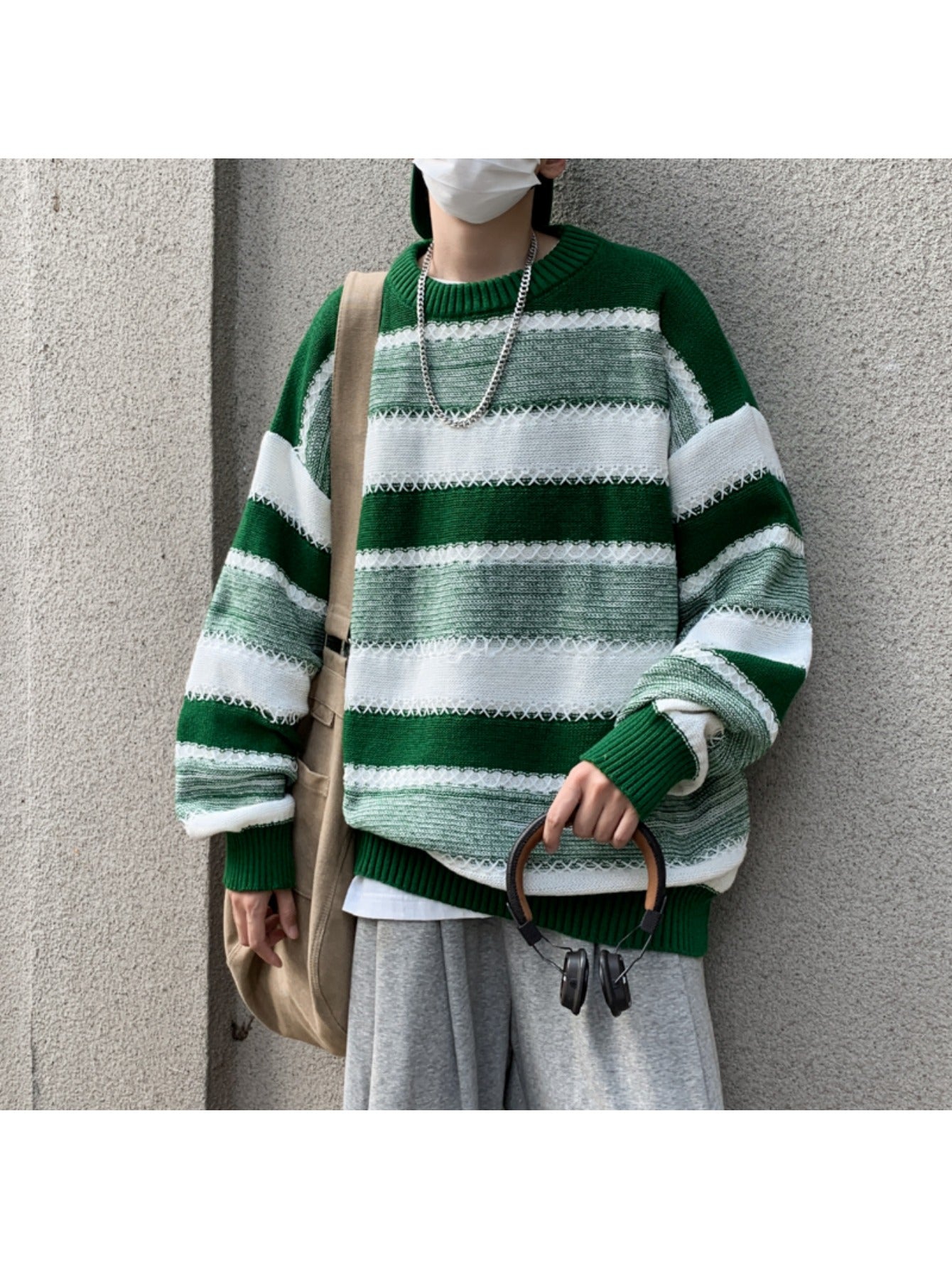 Men's Black-White Striped Knit Sweater, Soft Texture + Contrast Stripe Pattern + Oversized Fit, Streetwear Niche Trendy Brand Lazy Style Couple's Crew Neck Top