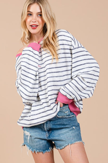 Ces Femme Striped Round Neck Drop Shoulder Sweatshirt