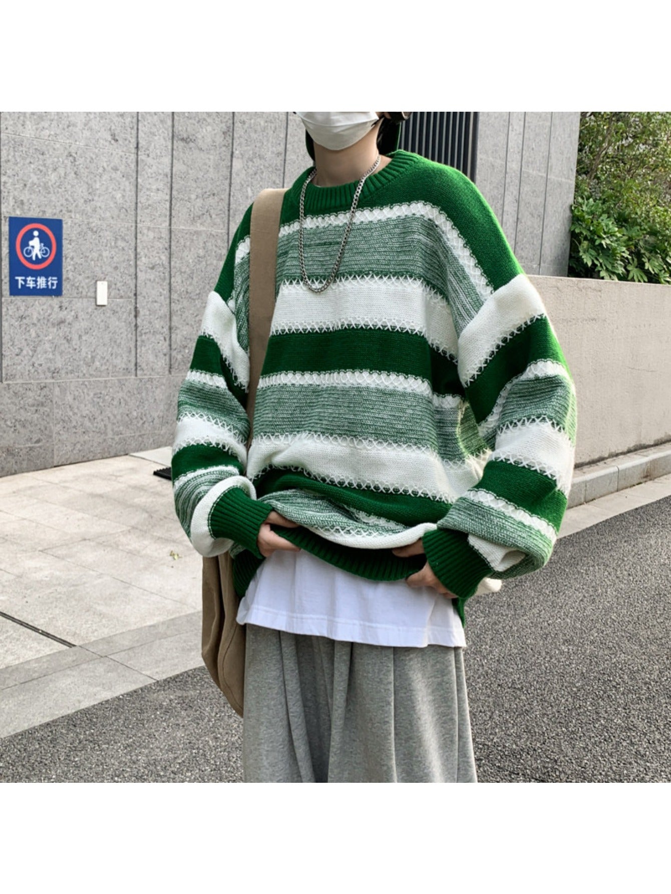 Men's Black-White Striped Knit Sweater, Soft Texture + Contrast Stripe Pattern + Oversized Fit, Streetwear Niche Trendy Brand Lazy Style Couple's Crew Neck Top