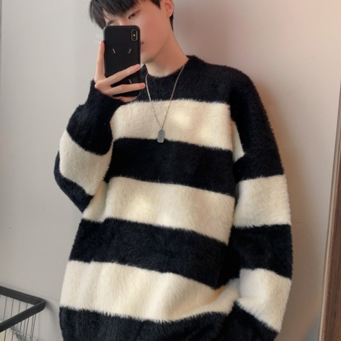 Teen Youth Men Faux Angora Wool Sweater Black White Wide Stripe Oversized Lazy Knit Top Soft Plush Texture Streetwear Shirt for Silver Layering And Cafe Style