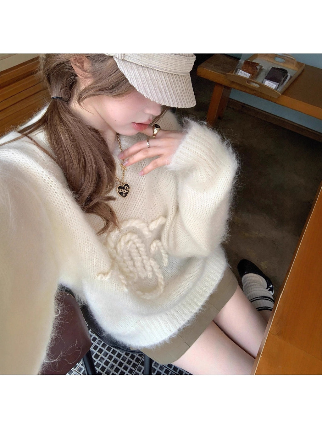 New Women's Winter Rope- Sweater, Solid White Loose Crew Neck, Unique Design Small-Batch Knitwear