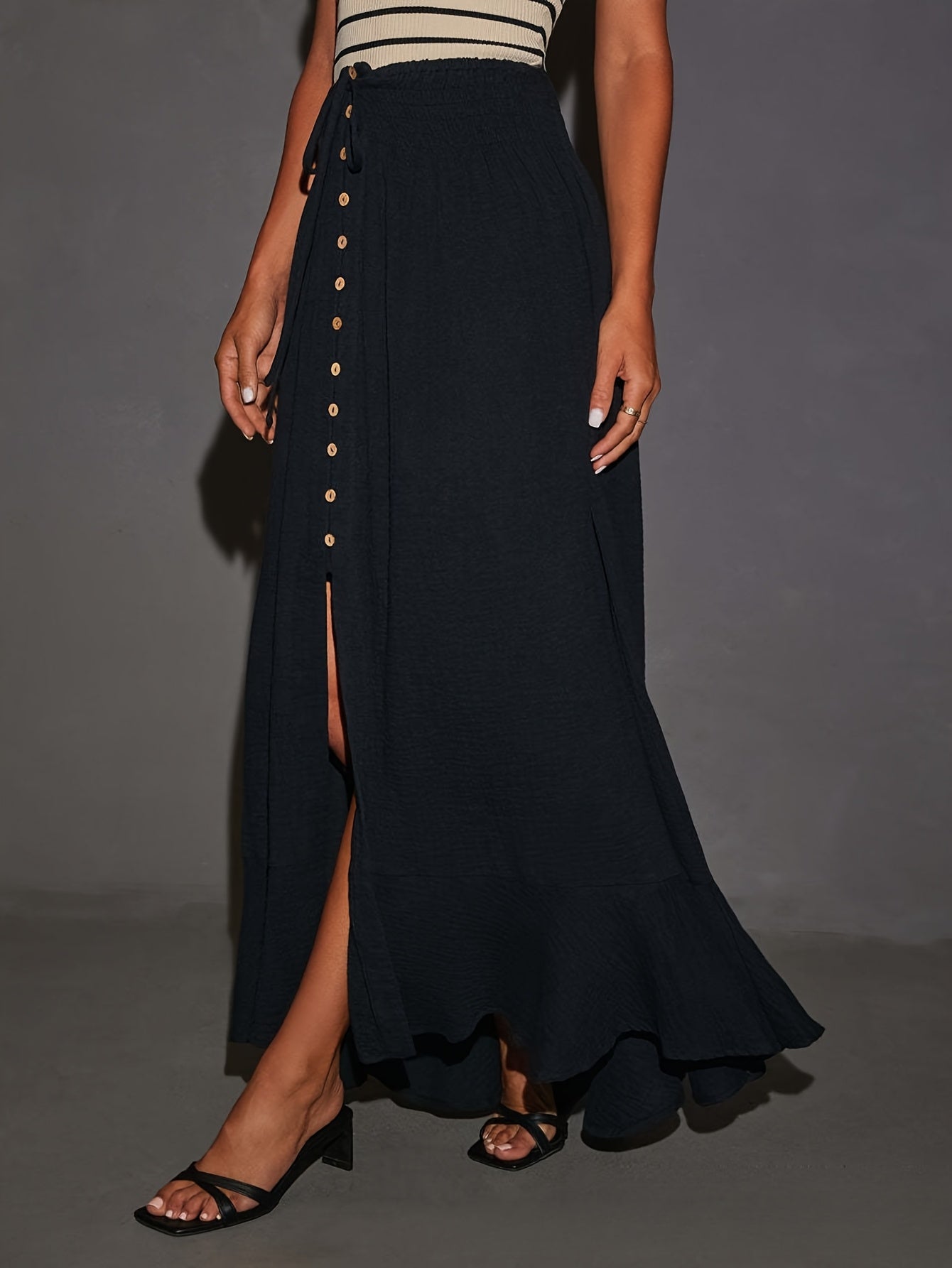 Ladies' Long Skirt Featuring an Elastic Lace-Up Waist, Perfect for Casual Wear Or Dancing. This Flowing Midi Skirt Comes in a Solid Color with a Tie Waist Design, Ideal for Women'S Fashion