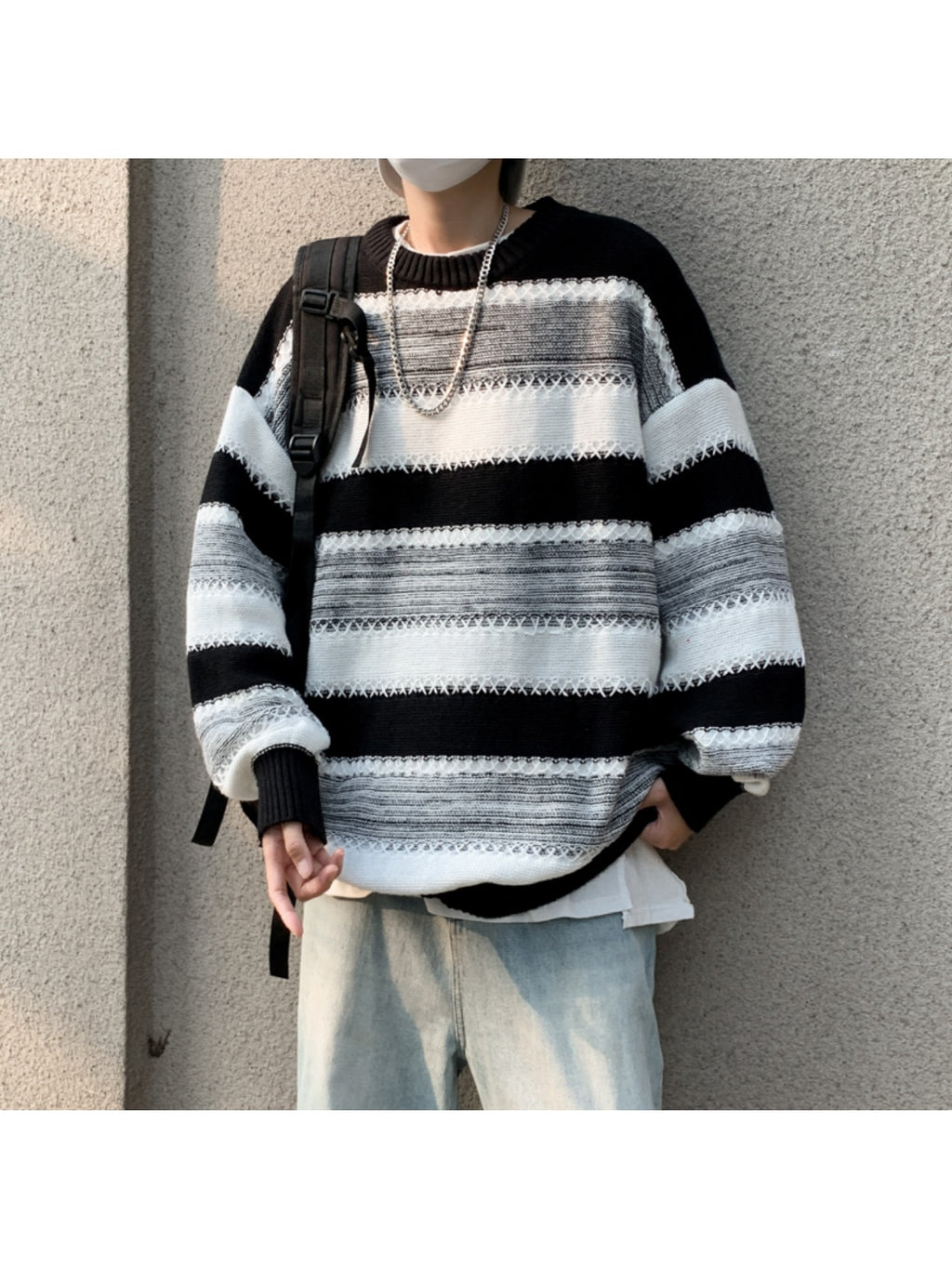 Men's Black-White Striped Knit Sweater, Soft Texture + Contrast Stripe Pattern + Oversized Fit, Streetwear Niche Trendy Brand Lazy Style Couple's Crew Neck Top