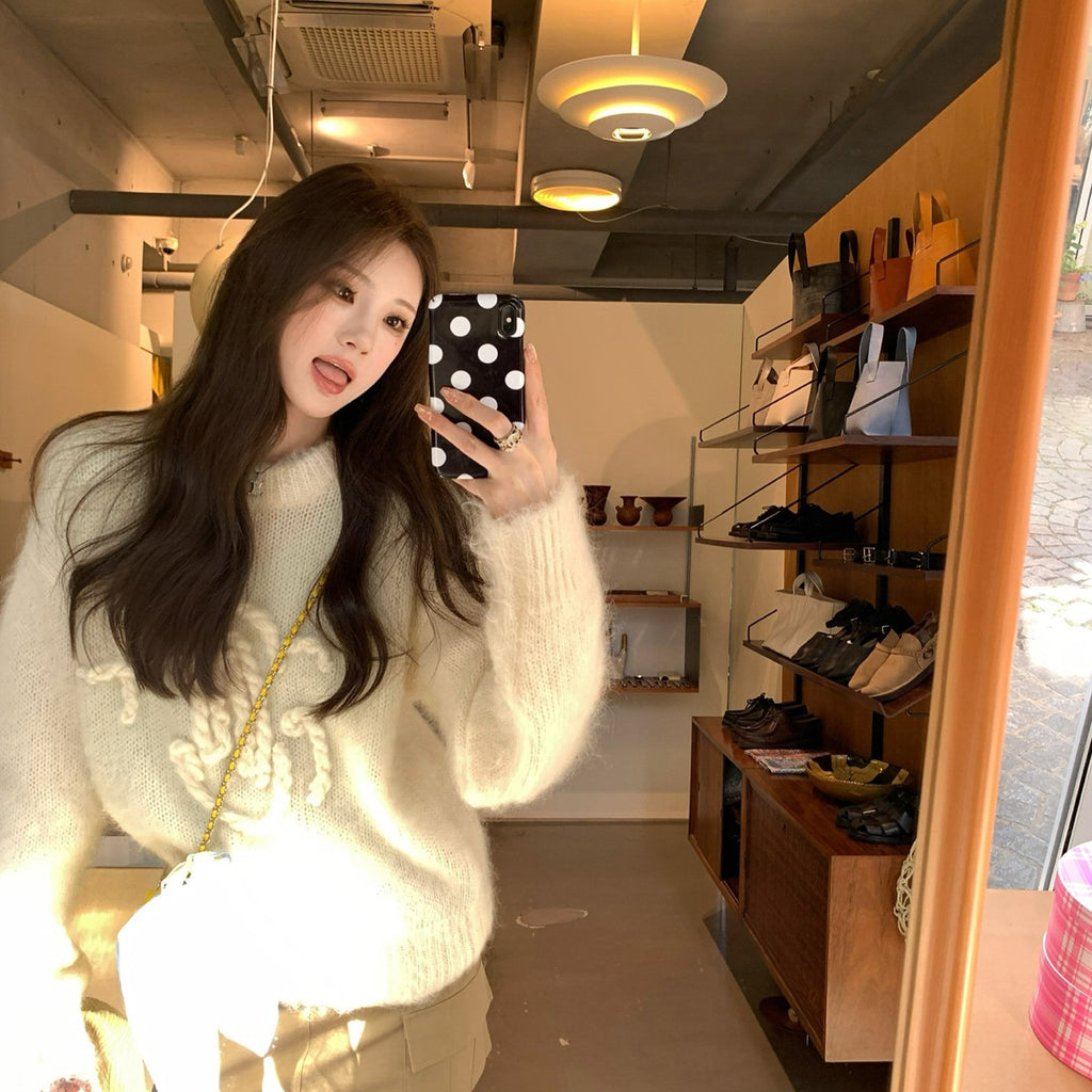 New Women's Winter Rope- Sweater, Solid White Loose Crew Neck, Unique Design Small-Batch Knitwear