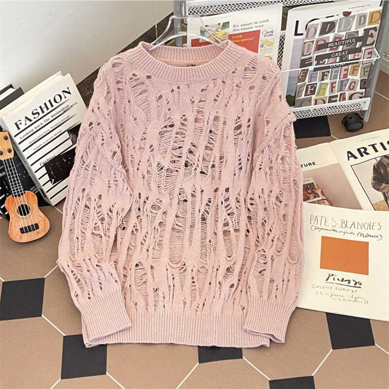 New Men's Wool Knitwear, Pure White Base + Hollow Out Ripped Distressed Design + Oversized Fit, Korean Lazy Style Statement Sweater Coat