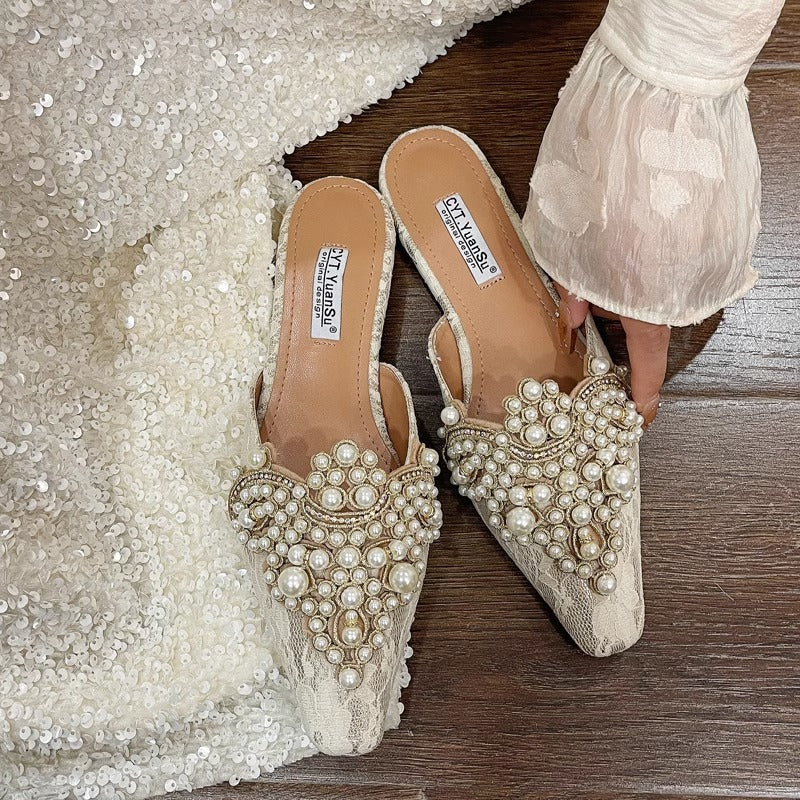 Women' Chinese Style Wedding Mules with & Rhinestone Lace Slippers - Hook-and-Loop Closure Flat Sole Open-Toe Suitable for Outdoor Wear, Spring\u002FSummer Bridal Footwear, & Sole, Women Shoes