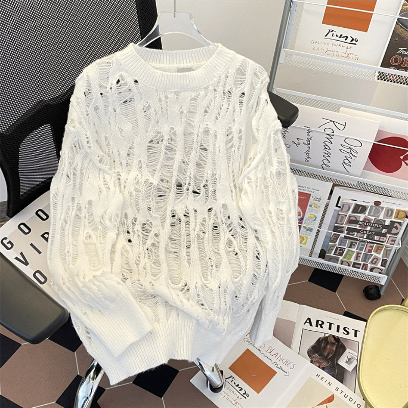 New Men's Wool Knitwear, Pure White Base + Hollow Out Ripped Distressed Design + Oversized Fit, Korean Lazy Style Statement Sweater Coat