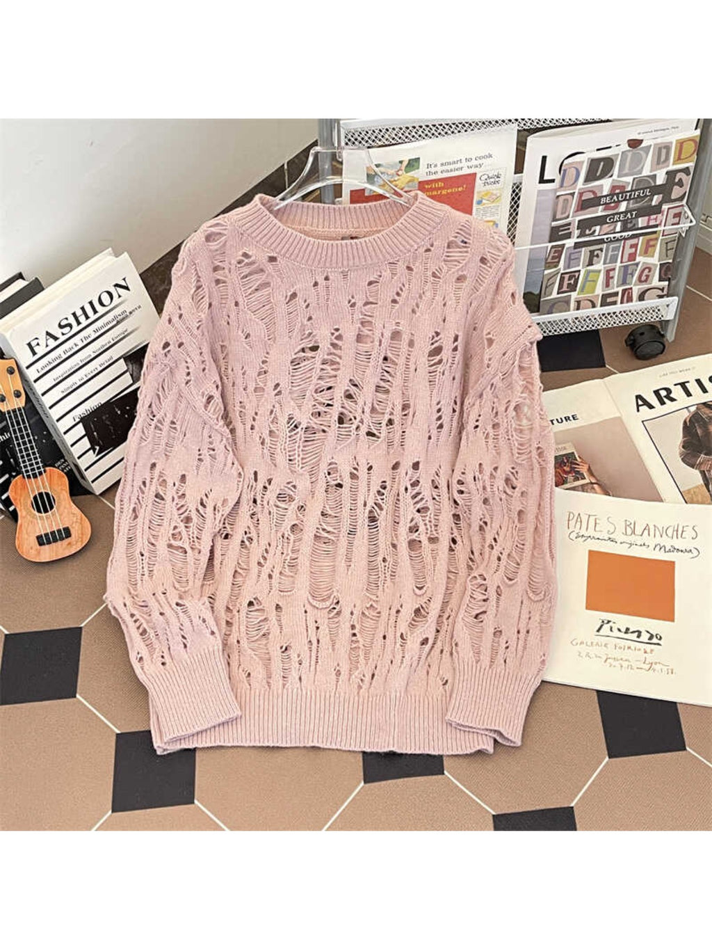 New Men's Wool Knitwear, Pure White Base + Hollow Out Ripped Distressed Design + Oversized Fit, Korean Lazy Style Statement Sweater Coat