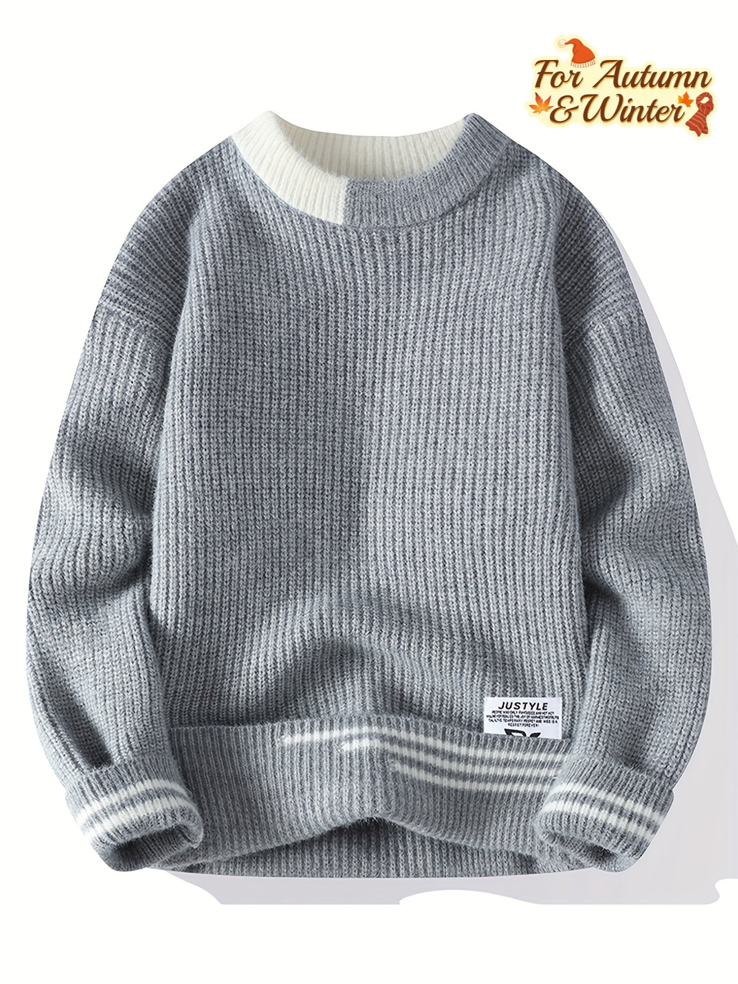 Autumn Winter New Trendy Youth Thickened Men'S Base Sweater | Warm Knitted Top with Crew Neck, Long Sleeve, Geometric-pattern, Velvet Fabric, Slight Stretch, Skinny Fit