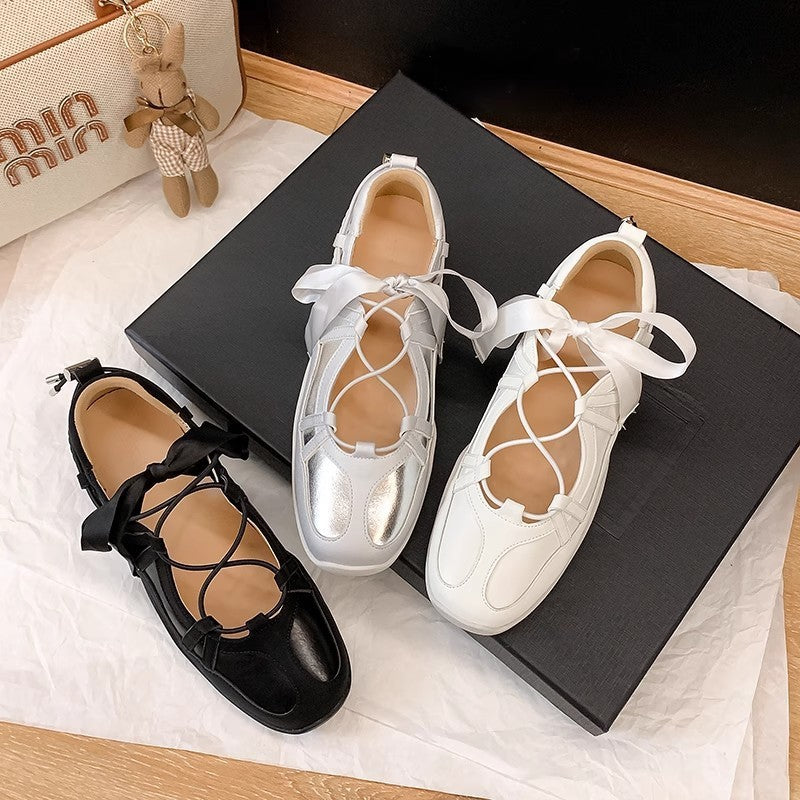 Summer Trendy Niche Ballet-Style Sneakers for Women with Thick Soles And Bow, Silvery Mary Jane Flats., Women Shoes