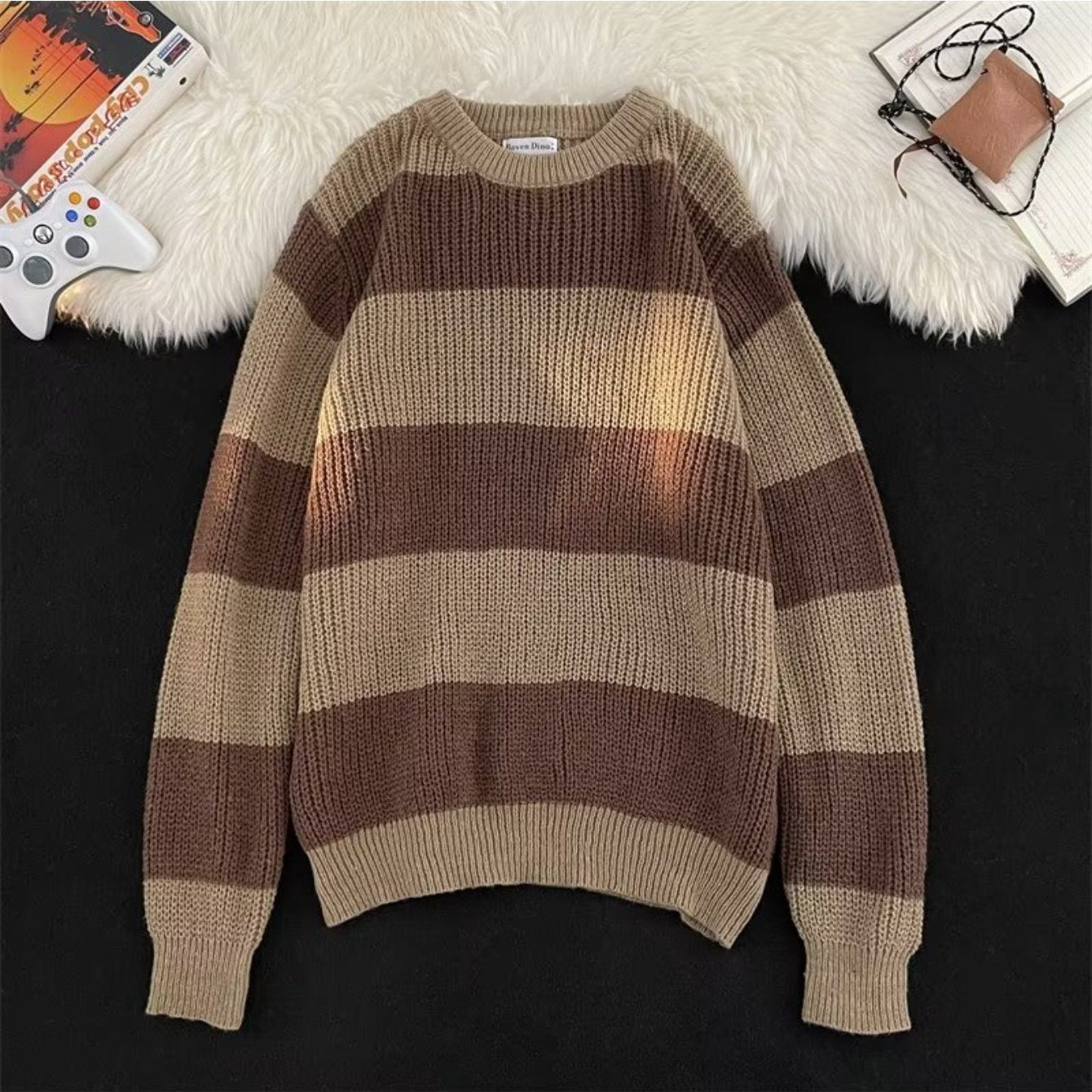 Men's Wool Contrast Sweater, Coffee-Brown\u002FBlack-White Stripes + Vertical Rib Texture + Oversized Fit, Trendy Brand Lazy Style Couple's Knit Top Coat