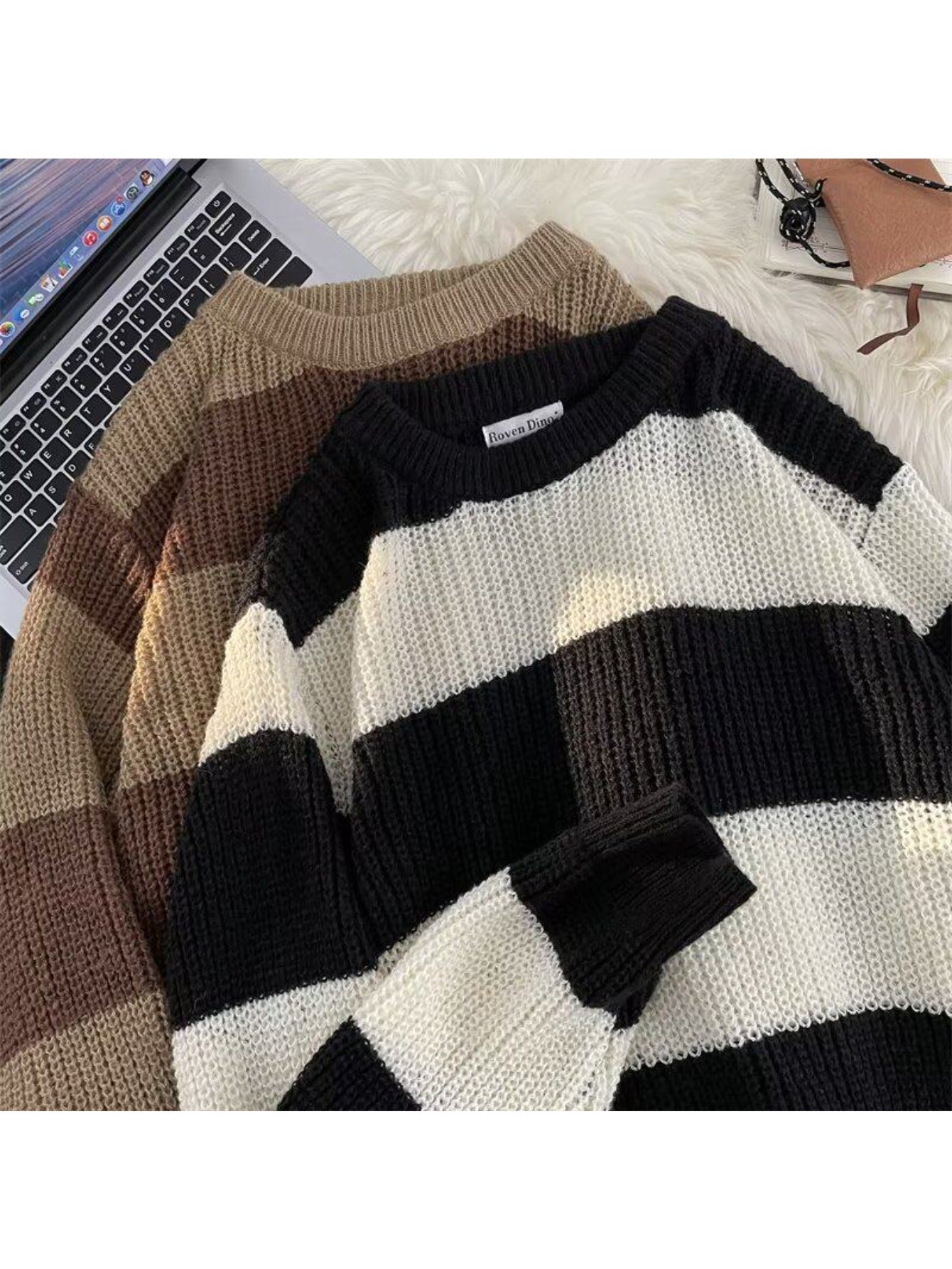 Men's Wool Contrast Sweater, Coffee-Brown\u002FBlack-White Stripes + Vertical Rib Texture + Oversized Fit, Trendy Brand Lazy Style Couple's Knit Top Coat