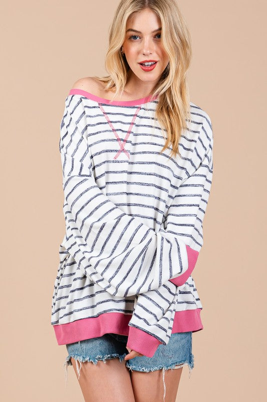 Ces Femme Striped Round Neck Drop Shoulder Sweatshirt