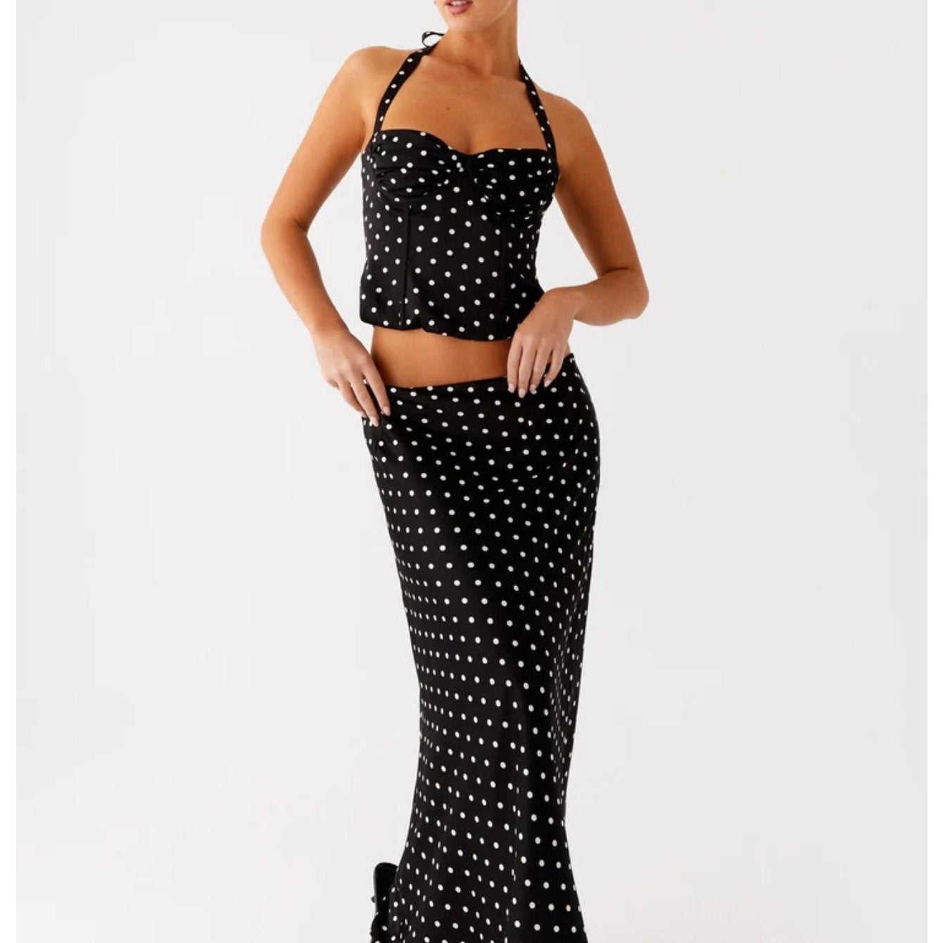 Women's Polka Dot Sexy Backless V-Neck Halter Cami Top & High Waist Flowy Long Skirt 2pcs Set, Elegant, Slim Fit, Figure Flattering, Perfect for Daily, Dating, Vacation, Streetwear.