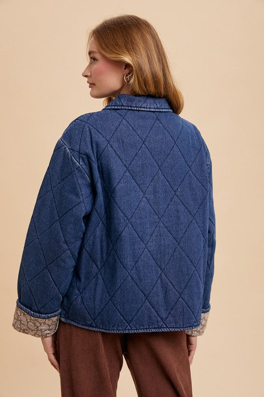 Annie Wear Quilted Printed Lining Snap Down Denim Jacket