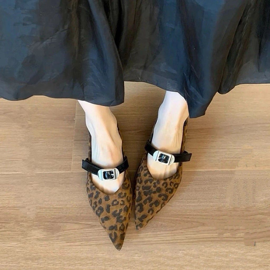 French Style Pointed Toe Flat Shoes Women | 2026 Spring and Autumn New Leopard Print Style Mary Jane Shoes with Buckle Closure, Fabric Upper and Sole, Women Shoes