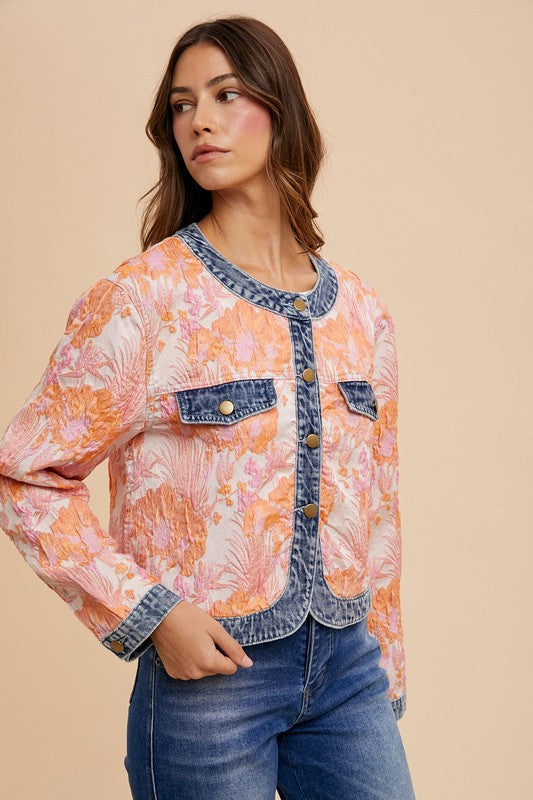 Annie Wear Floral Jacquard Denim Contrast Button Down Jacket