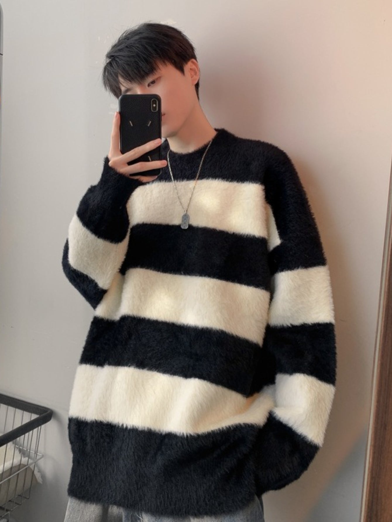 Teen Youth Men Faux Angora Wool Sweater Black White Wide Stripe Oversized Lazy Knit Top Soft Plush Texture Streetwear Shirt for Silver Layering And Cafe Style