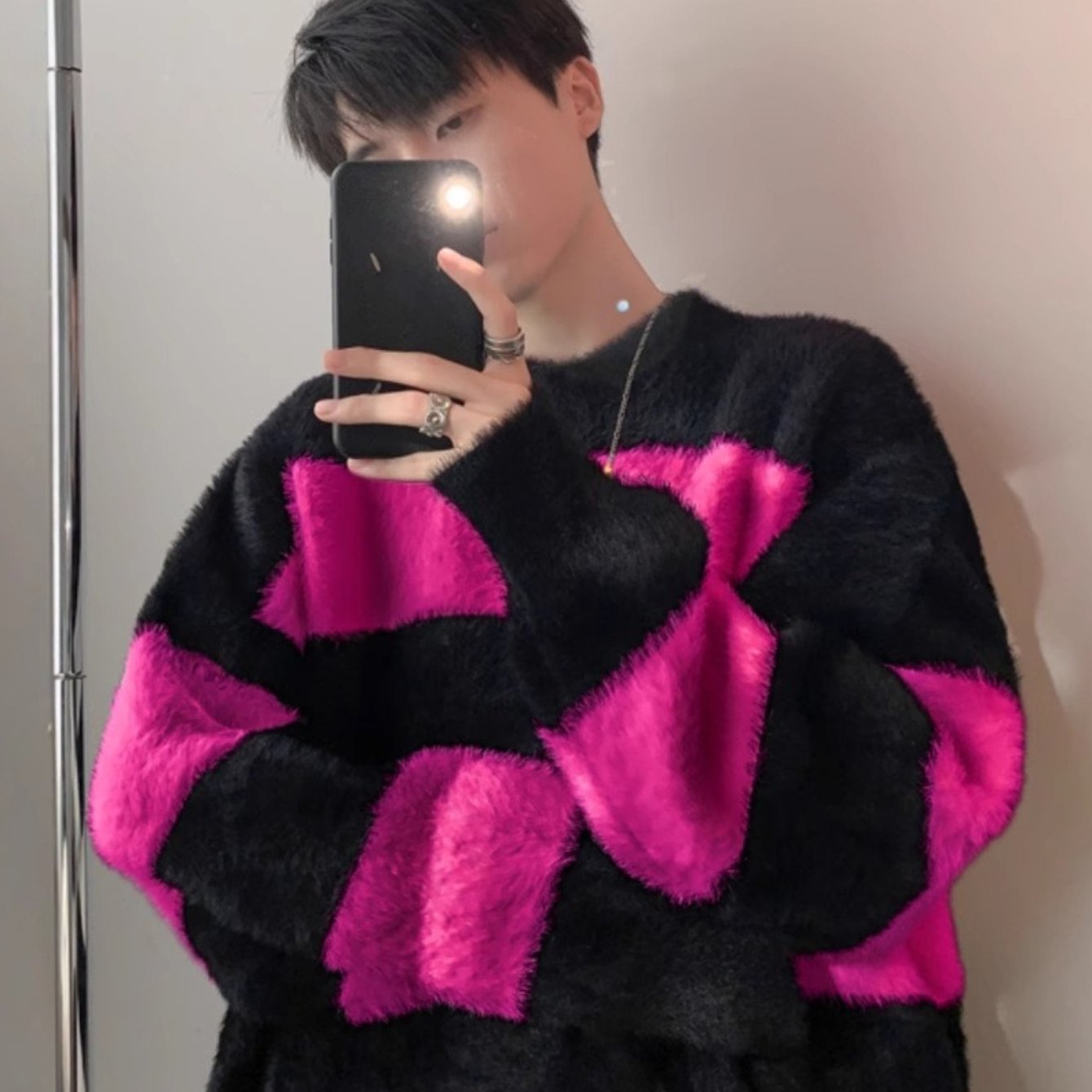 Teen Youth Men Faux Angora Wool Sweater Black White Wide Stripe Oversized Lazy Knit Top Soft Plush Texture Streetwear Shirt for Silver Layering And Cafe Style