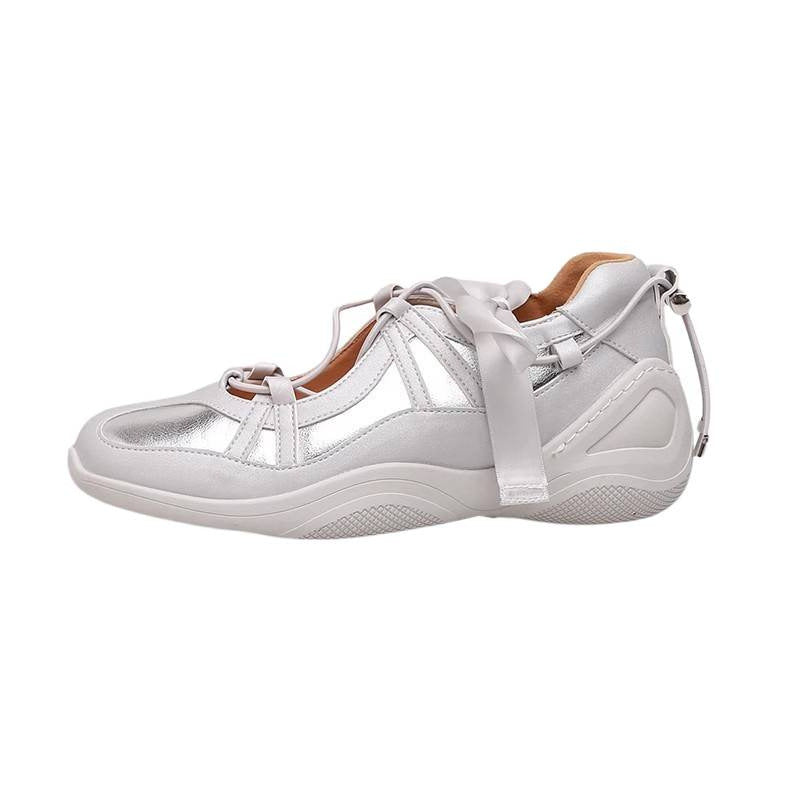 Summer Trendy Niche Ballet-Style Sneakers for Women with Thick Soles And Bow, Silvery Mary Jane Flats., Women Shoes