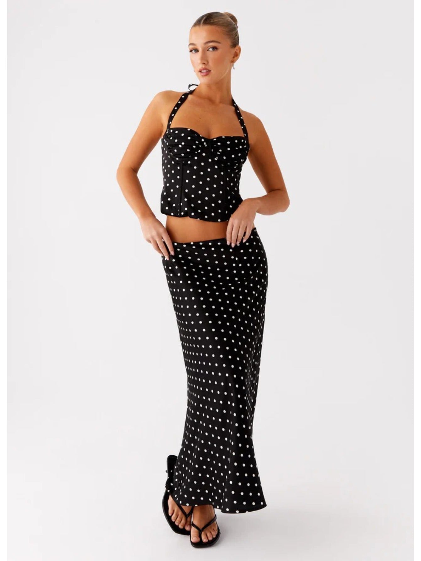 Women's Polka Dot Sexy Backless V-Neck Halter Cami Top & High Waist Flowy Long Skirt 2pcs Set, Elegant, Slim Fit, Figure Flattering, Perfect for Daily, Dating, Vacation, Streetwear.