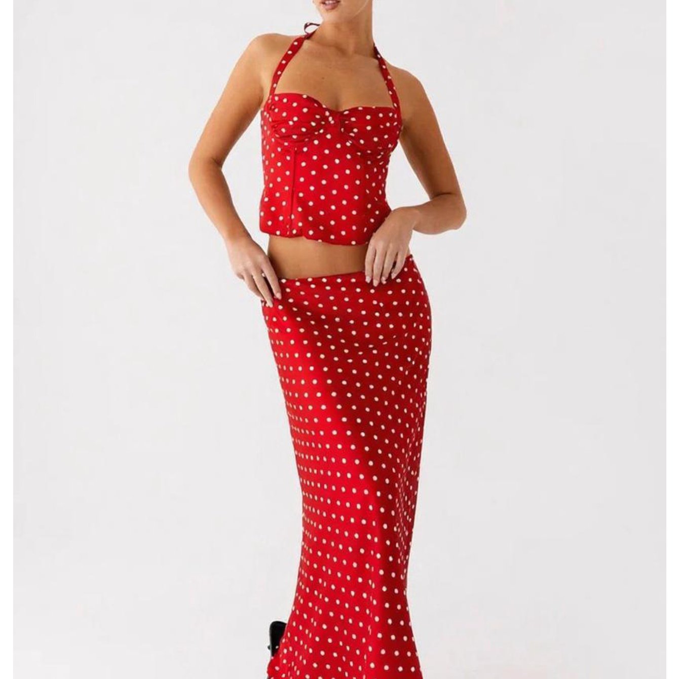 Women's Polka Dot Sexy Backless V-Neck Halter Cami Top & High Waist Flowy Long Skirt 2pcs Set, Elegant, Slim Fit, Figure Flattering, Perfect for Daily, Dating, Vacation, Streetwear.
