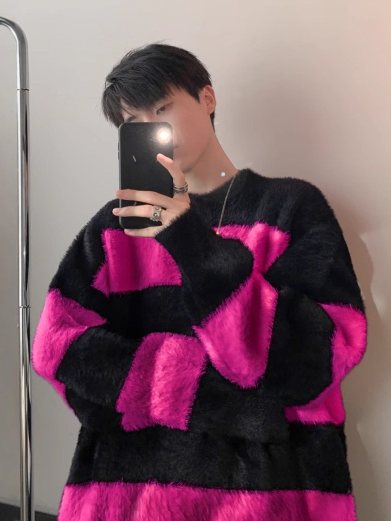 Teen Youth Men Faux Angora Wool Sweater Black White Wide Stripe Oversized Lazy Knit Top Soft Plush Texture Streetwear Shirt for Silver Layering And Cafe Style