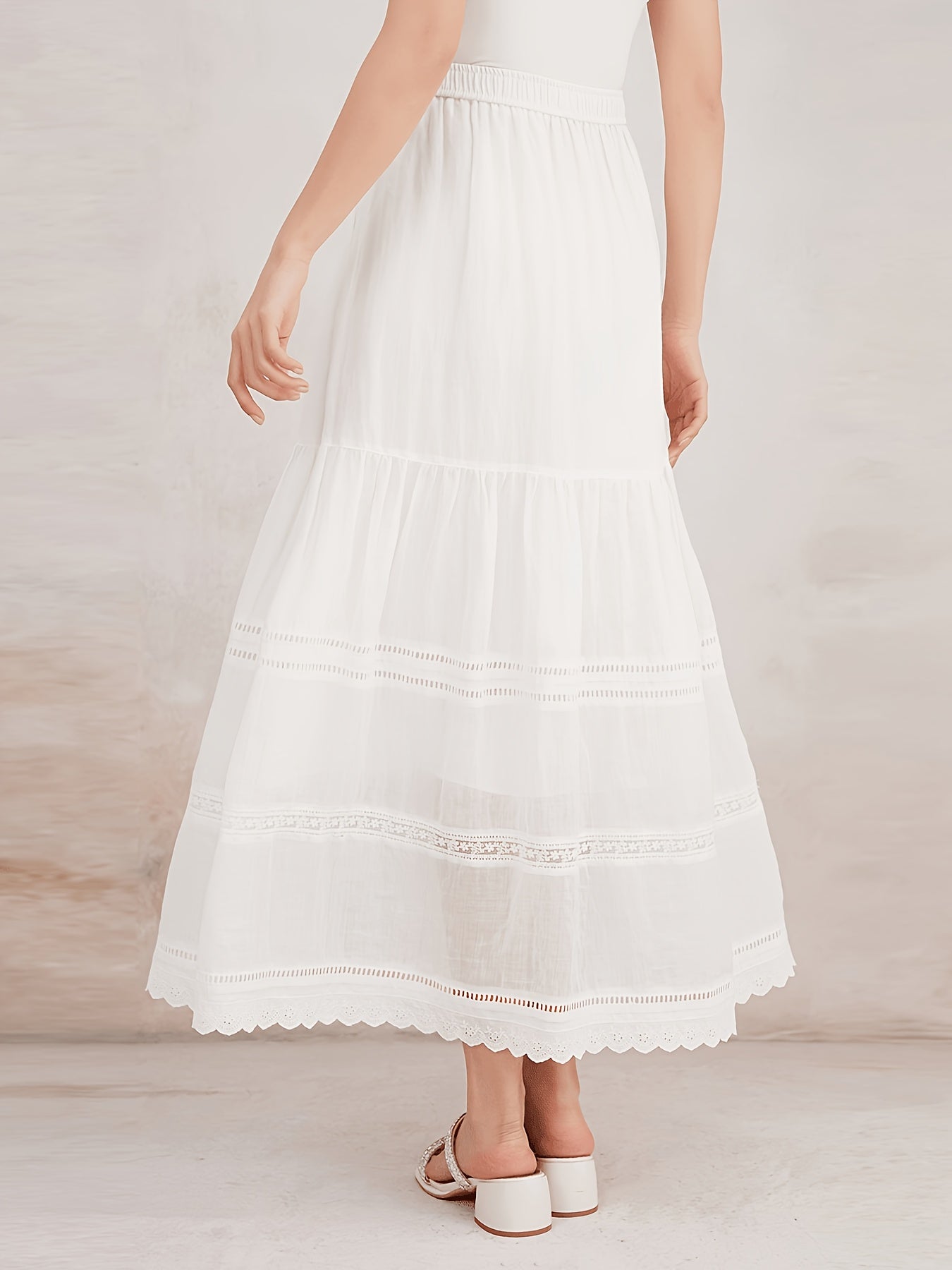 K3093W 100% Ramie Layered Maxi Skirt Featuring Lace Trim, Bohemian Vintage Elegant Flowing Women'S Summer Skirt, Lightweight And Breathable Style Skirt
