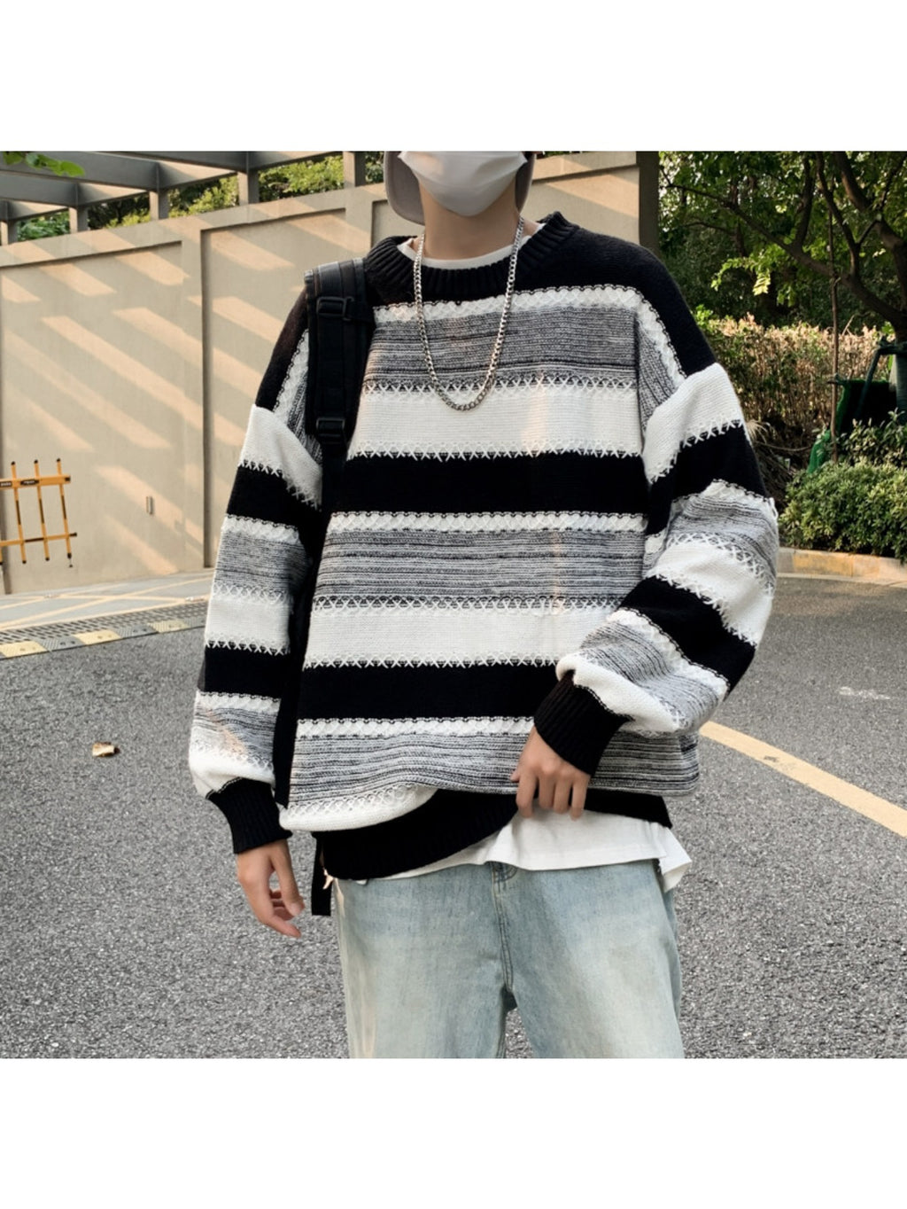 Men's Black-White Striped Knit Sweater, Soft Texture + Contrast Stripe Pattern + Oversized Fit, Streetwear Niche Trendy Brand Lazy Style Couple's Crew Neck Top